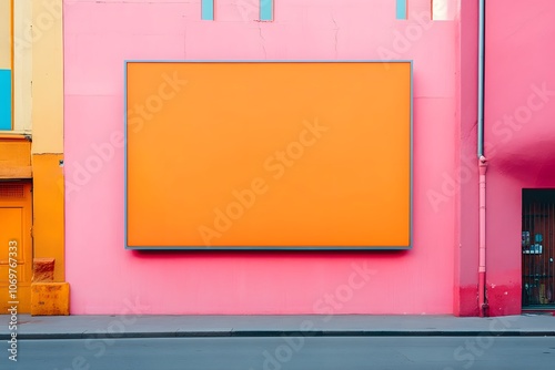 Front view of an empty light orange square billboard on the street, pastel-colored buildings in the background, mock-up style photo