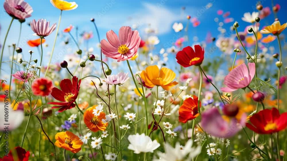 Closed Up of vibrant wild flowers in a Field background.