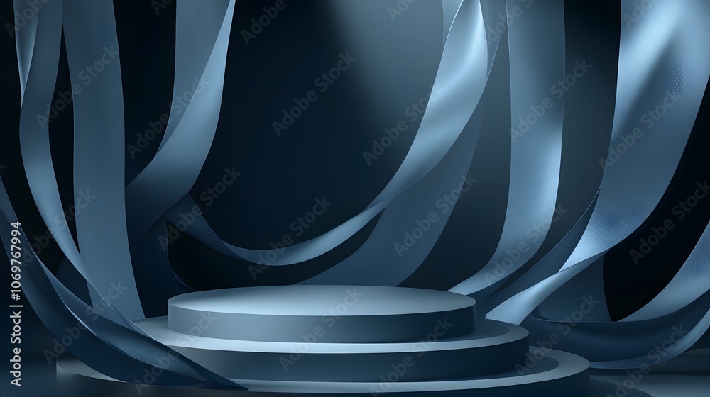 Fototapeta premium Abstract scene background. Cylinder podium background with ribbons. Product presentation, mock up, show cosmetic product, Podium, stage pedestal or platform. Vector illustration