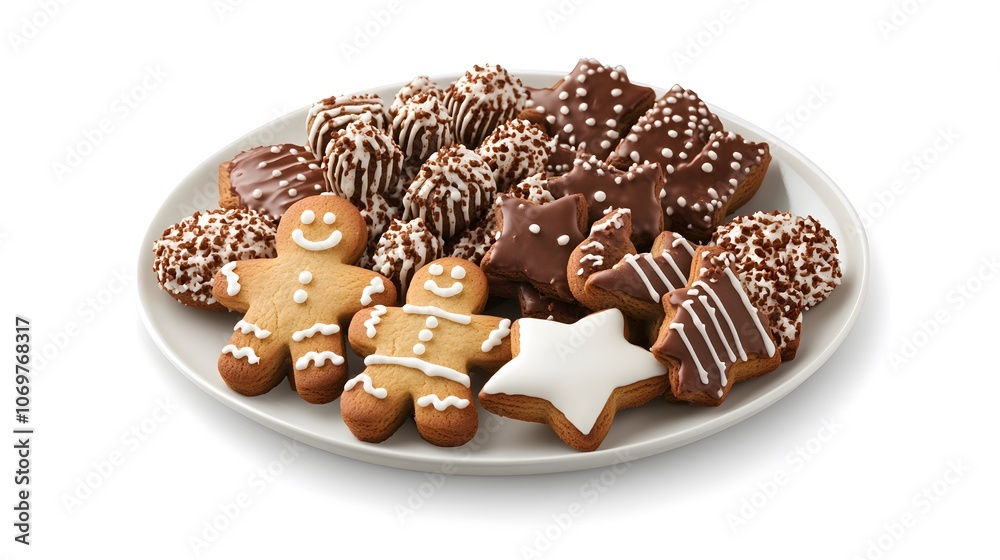 Plate filled with Christmas cookies, including gingerbread men, stars, and trees on a white background Plate filled with Christmas cookies, including gingerbread men, stars, and trees on a white background