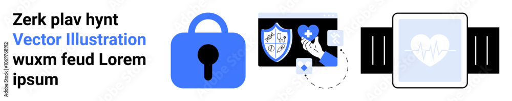 Digital security lock icon, healthcare app interface showing medical shield and cross, and smartwatch with heart display. Ideal for technology, healthcare, digital security, app development, wearable Digital security lock icon, healthcare app interface showing medical shield and cross, and smartwatch with heart display. Ideal for technology, healthcare, digital security, app development, wearable