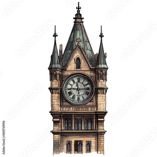 illustration of the clock tower of the old town hall in Prague 