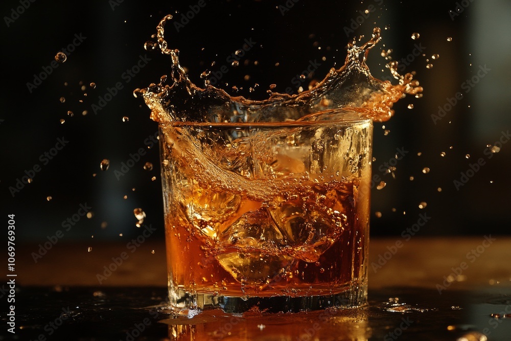 Whiskey splashing in a rocks glass with ice cubes on a dark background Whiskey splashing in a rocks glass with ice cubes on a dark background
