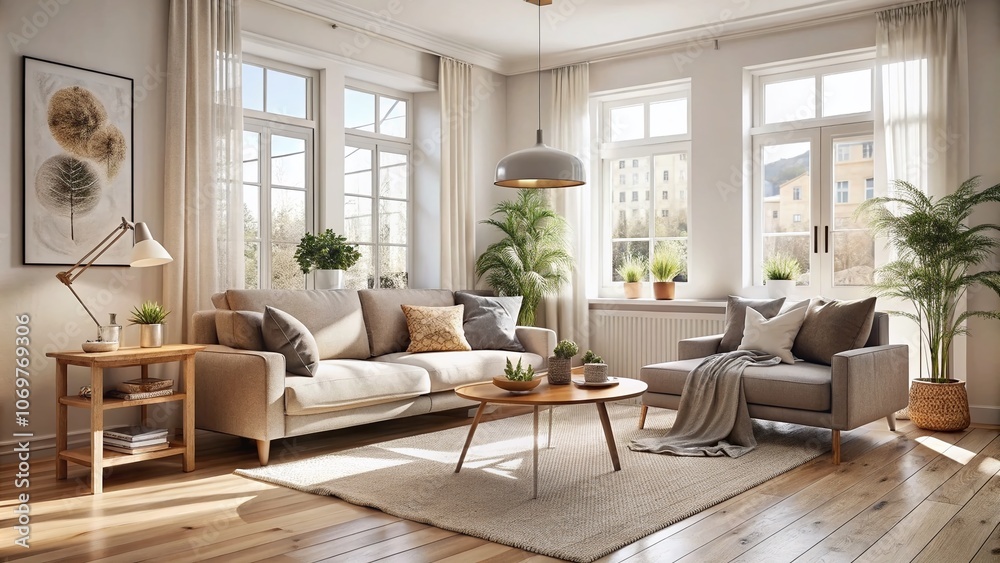 Fototapeta premium Minimalistic Scandinavian Home Interior with Neutral Tones and Subtle Decor Emphasizing High Depth of Field Photography for Stock Image Use