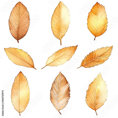 Watercolor Autumn Leaves Set - Golden Brown Foliage Illustration.