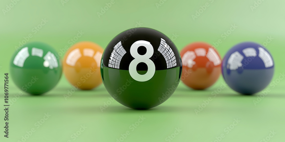 A black snooker ball with eight is placed on the green table. AI generative. A black snooker ball with eight is placed on the green table. AI generative.