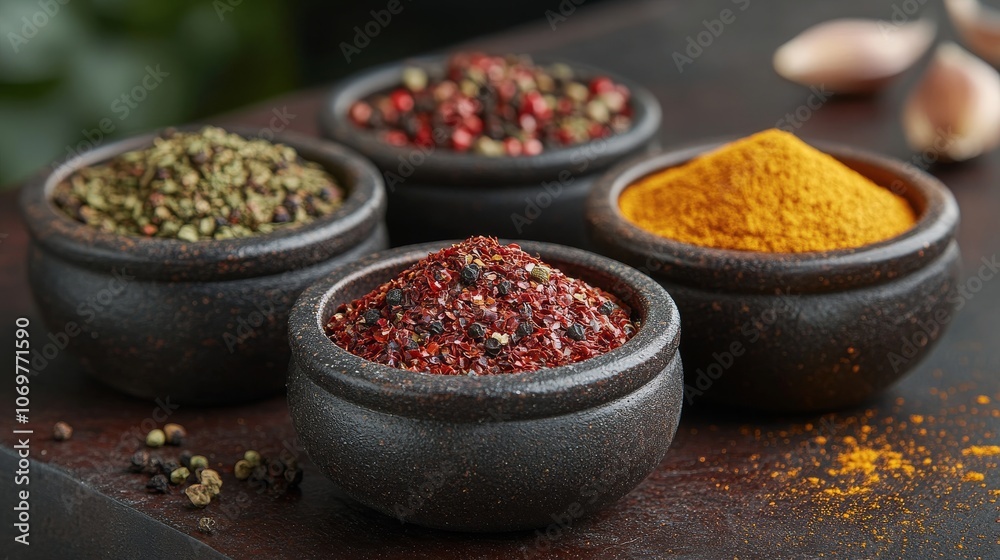 Assorted spices in rustic bowls on a wooden surface Assorted spices in rustic bowls on a wooden surface