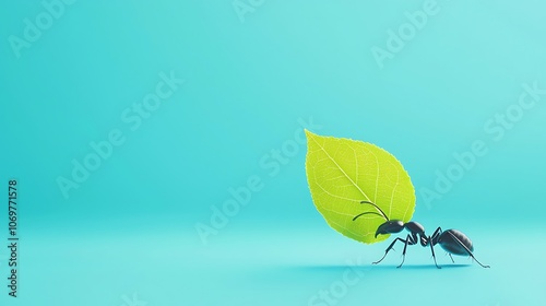 A black ant is carrying a leaf on its back