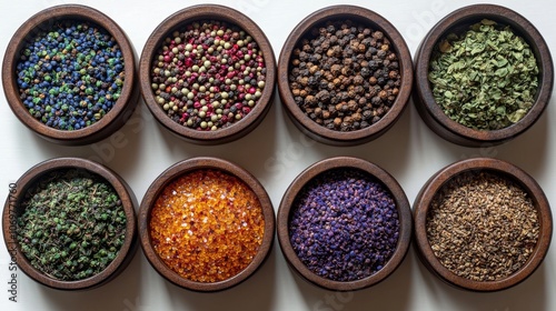 Assorted colorful spices in wooden bowls