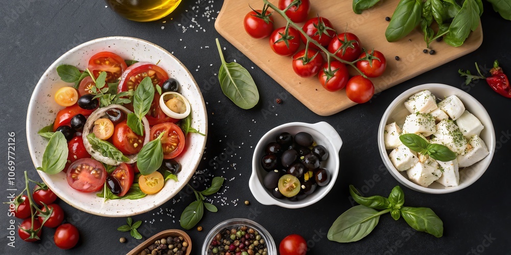 Modern Mediterranean Food Menu Template Featuring Fresh Ingredients and Dishes on a Sleek Backdrop for Culinary Delight and Gourmet Presentation