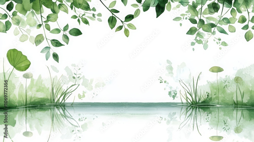 Tranquil Lake Watercolor Painting with Lush Greenery Illustration Tranquil Lake Watercolor Painting with Lush Greenery Illustration
