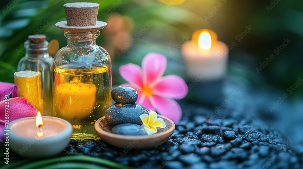 Spa Relaxation with Essential Oils Stones and Flowers Spa Relaxation with Essential Oils Stones and Flowers