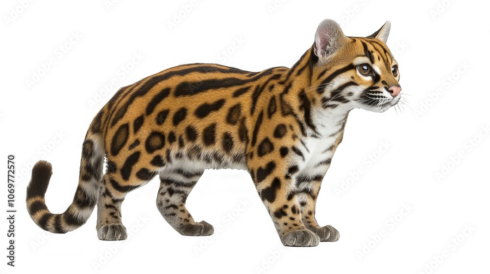 Obraz premium A young ocelot stands on a black background, facing to the right, with its head turned slightly to the left. It has a spotted coat and is looking at the viewer with its large, round eyes.