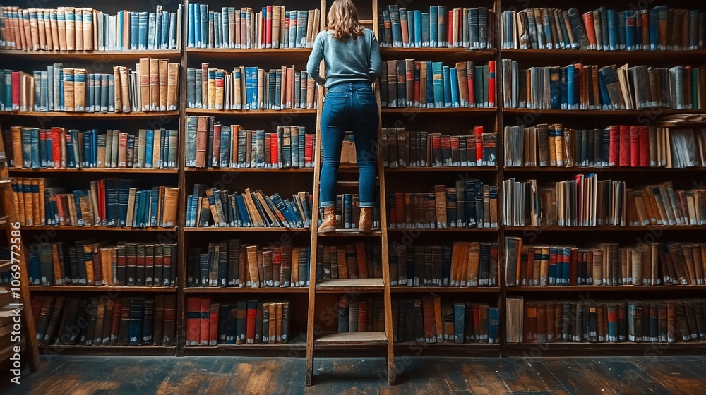 A young woman stands on a ladder in a library, reaching for a book on a high shelf. A young woman stands on a ladder in a library, reaching for a book on a high shelf.