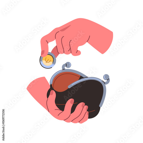 Human hand holds open leather wallet, takes euro coin to pay. Person saves up money, puts cash into purse. Currency account for savings, salary. Flat isolated vector illustration on white background