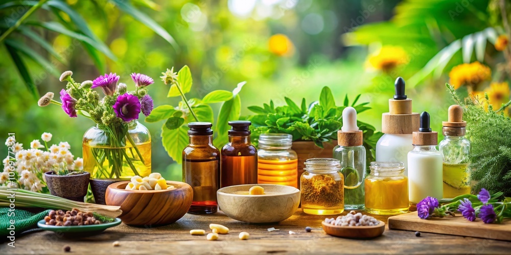 Natural Skin Care Products with Essential Oils: A Panoramic View of Organic Ingredients, Beautifully Arranged with Soothing Backgrounds for a Calming Aesthetic