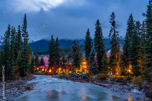 Fototapeta Naklejka Na Ścianę i Meble -  Bow River Lake Louise Town Banff National Park after dusk
