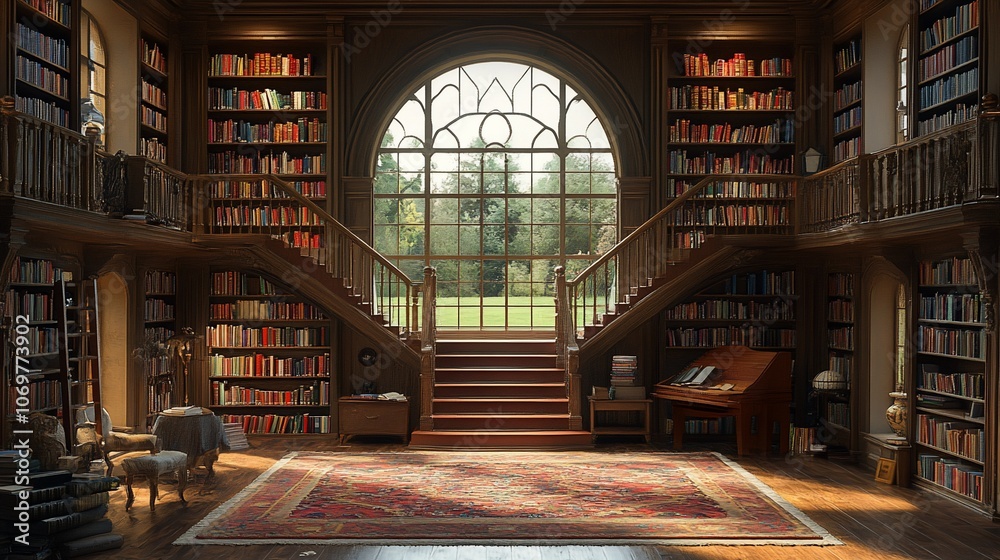 Obraz premium A grand library with a large arched window, wooden bookshelves filled with books, a rug on the floor, a piano, a chair, and a staircase leading up to the second floor.
