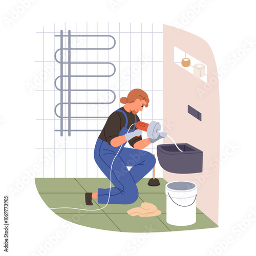 Female plumber cleaning clogged toilet. Professional woman worker, master fixing bathroom, closet drain, latrine pot. Plumbing work service. Flat vector illustration isolated on white background