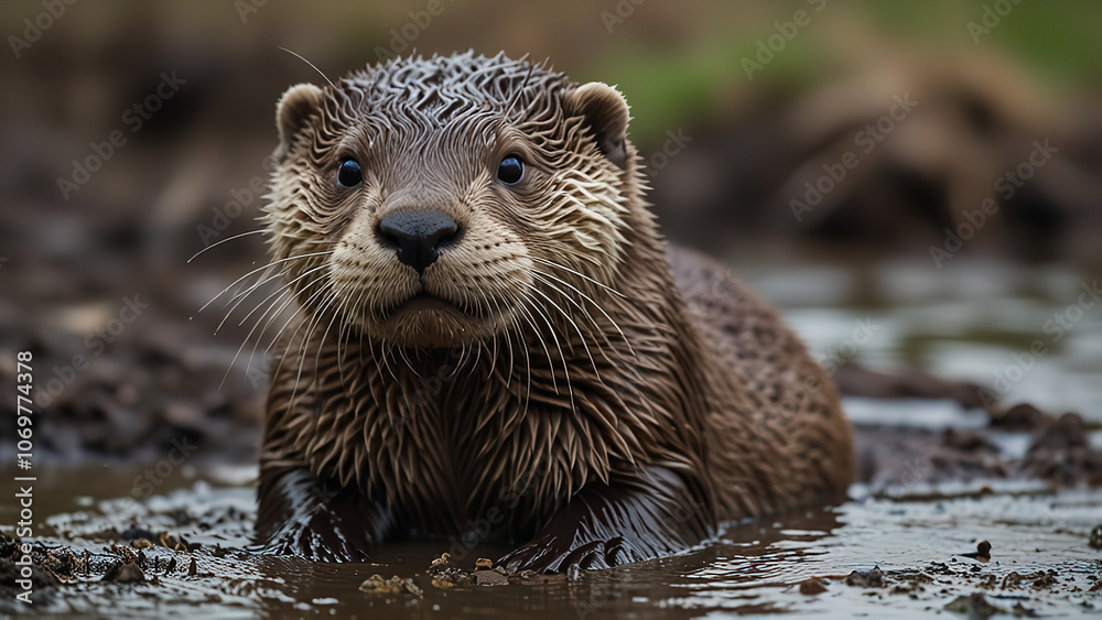 A playful otter sliding down a muddy bank. A playful otter sliding down a muddy bank.