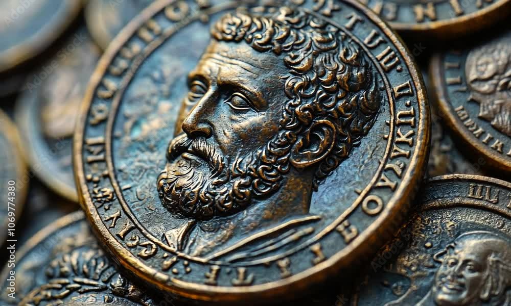 Close-up of an ancient coin featuring a detailed portrait.