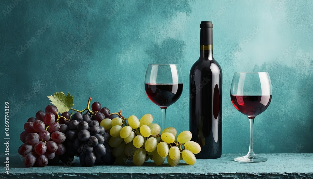 Obraz premium Elegant display of red wine and grapes with two glasses against a turquoise background