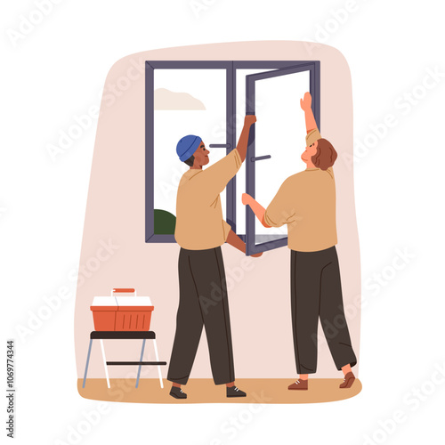 Workers installing new window. Installation, replacement. Replacing, changing glass frame, renovating apartment, home. House repair, renovation. Flat vector illustration isolated on white background