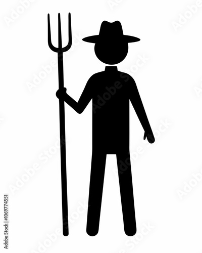  farmer man silhouette vector black illustration holding a pitchfork on a white background