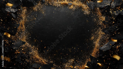 a black and gold background with confetti and streamers in the middle of the frame and a black background with confetti and gold confetti in the middle, high quality photo