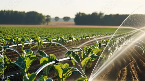 A close-up of a water irrigation system spraying crops. This shows sustainable watering practices and modern farming.
