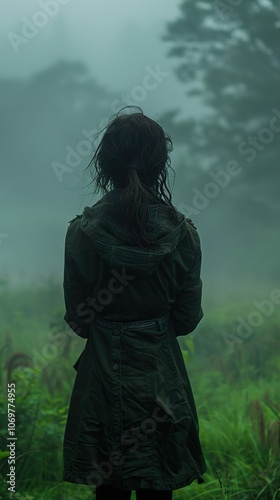 Woman Standing in Foggy Forest - Nature, Mystery, and Solitude