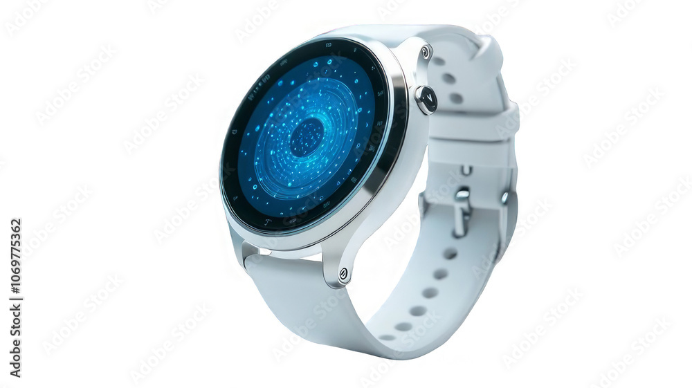 White smartwatch with a circular blue display and a white band.