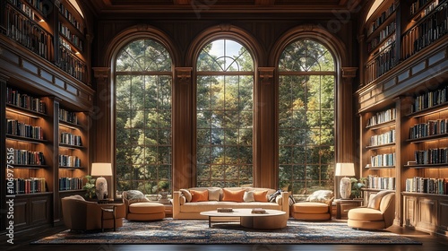 A luxurious library with a large sofa, armchairs, and a coffee table, all surrounded by bookshelves and windows overlooking a wooded landscape.