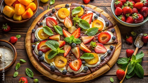 Overhead View of a Delicious Dessert Pizza with Colorful Toppings for Urban Exploration Photography, Perfectly Captured in a Trendy Café Setting, Ideal for Food Enthusiasts and Bloggers