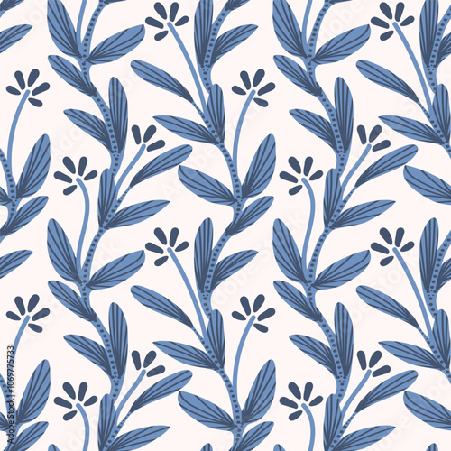 Simple creeping tiny floral plant in pastel blue with dark blue line details on a white background. A seamless vector pattern. Great for home decor, fabric, wallpaper, giftwrap, stationery, packaging.