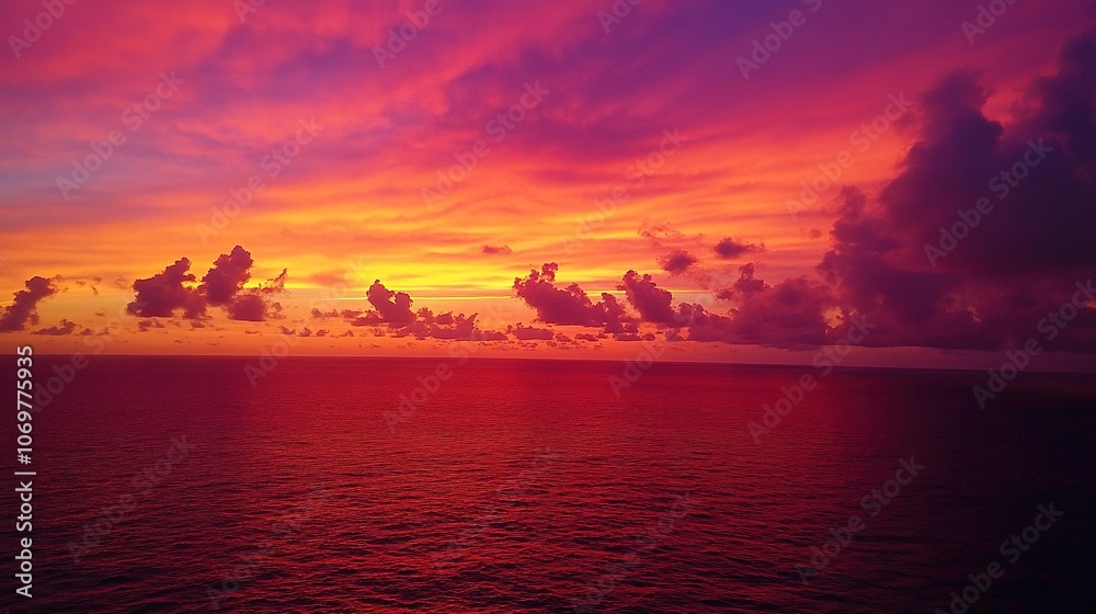 Obraz premium Dramatic Red Sunset Over Ocean with Clouds
