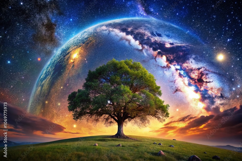 Obraz premium Panoramic View of a Majestic Tree Growing on a Vibrant Planet Earth Surrounded by a Celestial Background with Stars and Cosmic Elements