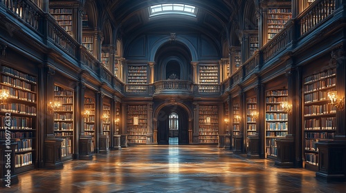 An expansive, ornate library with towering bookshelves filled with volumes, a grand arched doorway, and a balcony overlooking the space.