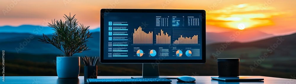 Business finance displayed on a digital dashboard in a minimalist workspace with a breathtaking sunset over rolling hills, symbolizing calm yet strategic financial planning Business finance displayed on a digital dashboard in a minimalist workspace with a breathtaking sunset over rolling hills, symbolizing calm yet strategic financial planning