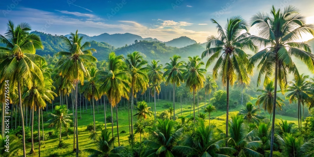 Obraz premium Panoramic View of Lush Betel Nut Palm Trees in a Tropical Landscape, Showcasing the Greenery and Cultural Significance of Betel Nut Harvesting in Southeast Asia