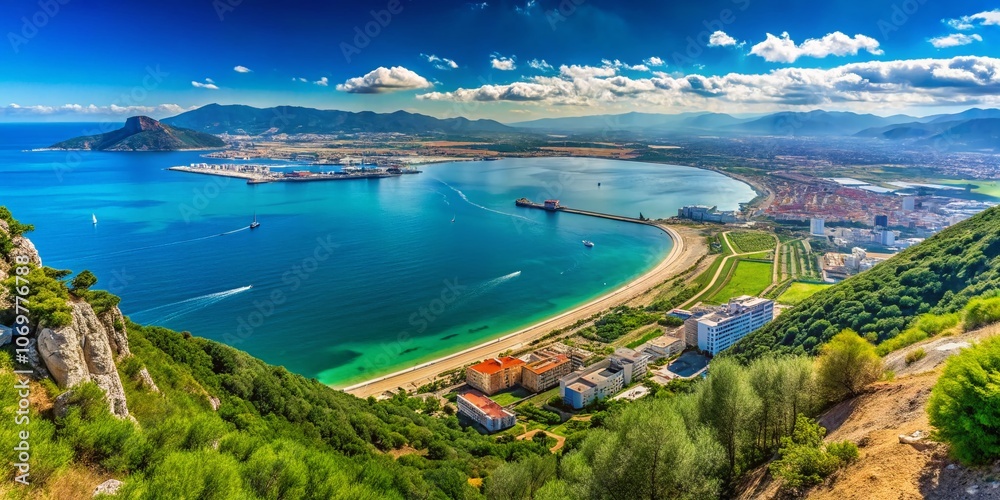 Naklejka premium Panoramic View of the Bay of Algeciras Showcasing Vibrant Waters, Scenic Coastline, and Surrounding Mountains for Stunning Product Photography