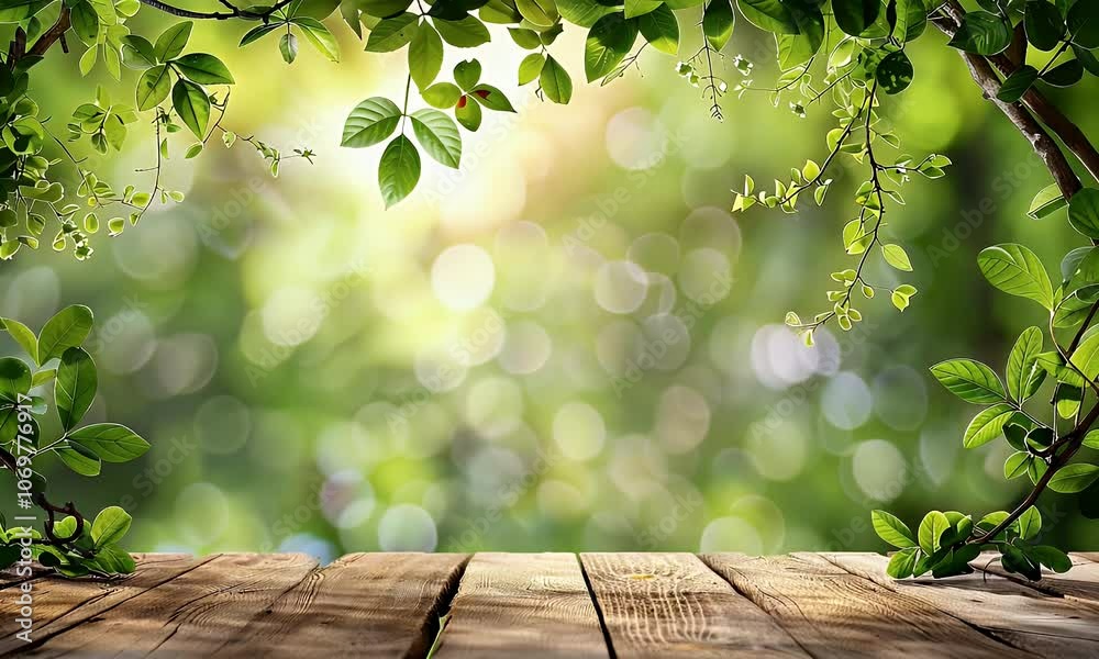 Spring background with green leaves and wooden table top, nature bokeh background for product display presentation design template.,


