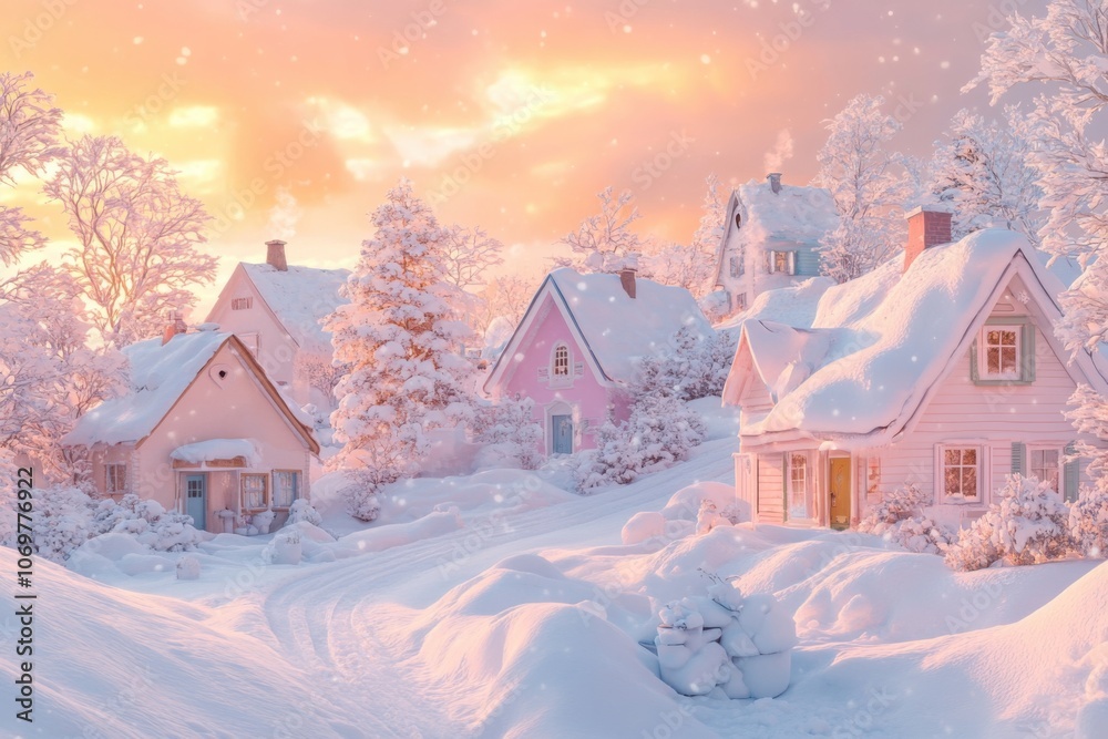 Fototapeta premium Snow-covered village at sunset
