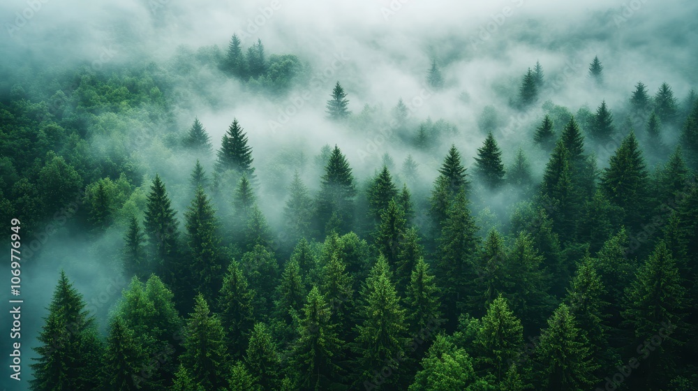 Misty Forest Landscape with Lush Green Pine Trees and Enveloping Fog Creating a Serene and Mysterious Atmosphere in Nature Misty Forest Landscape with Lush Green Pine Trees and Enveloping Fog Creating a Serene and Mysterious Atmosphere in Nature