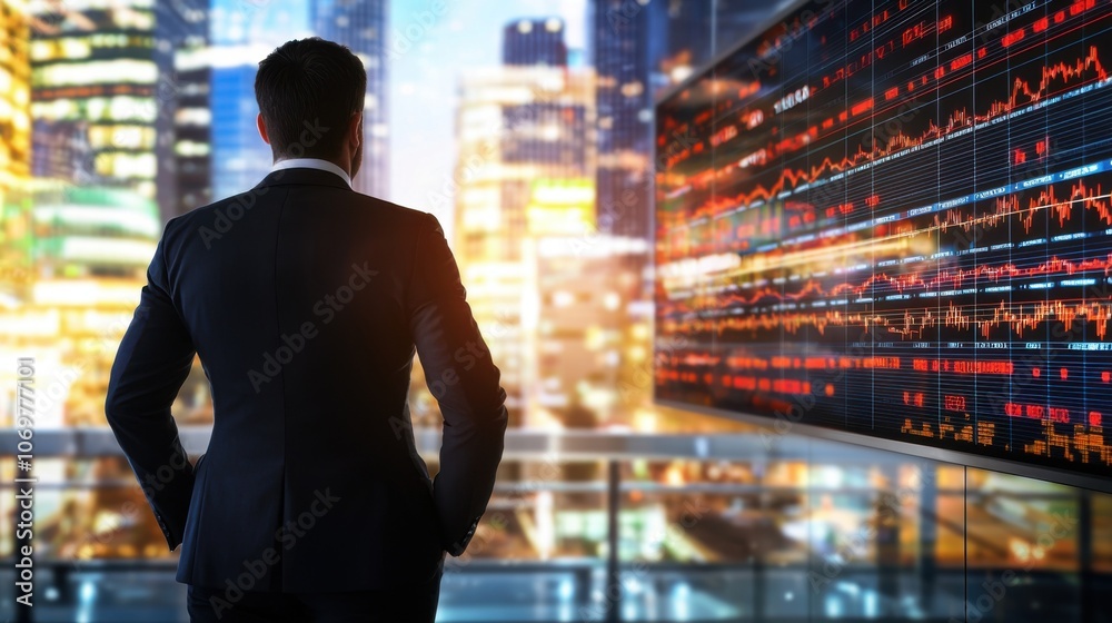 Cfo analyzes investment portfolio on digital screen panoramic Cfo analyzes investment portfolio on digital screen panoramic