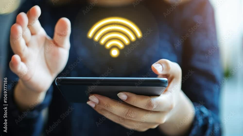 A woman is holding a cell phone with a wifi symbol on it