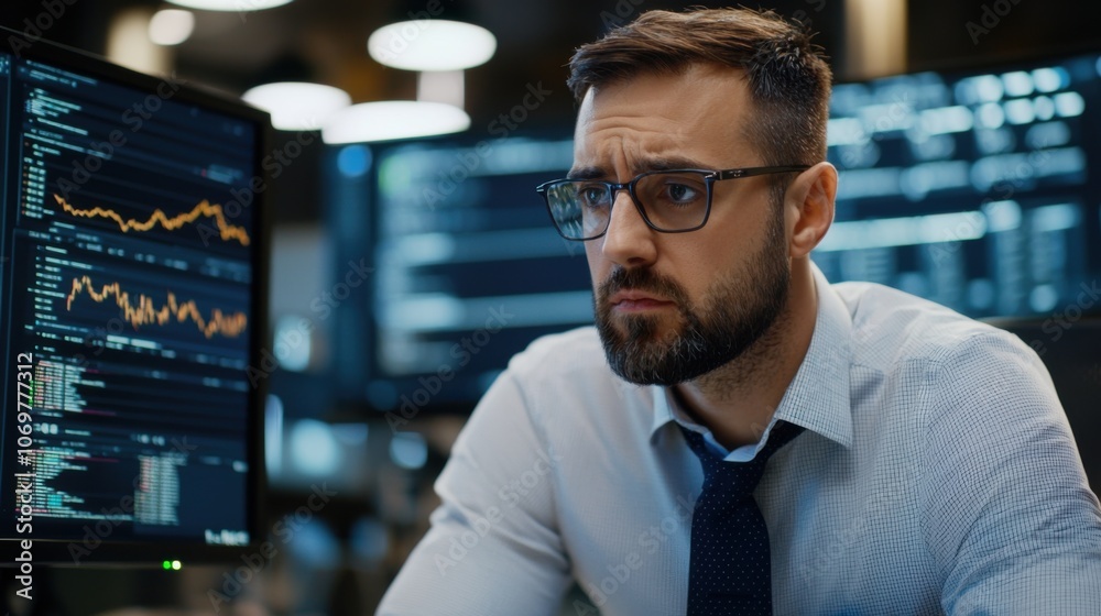 Fototapeta premium Cpa analyzes financial data using dual monitors in modern office