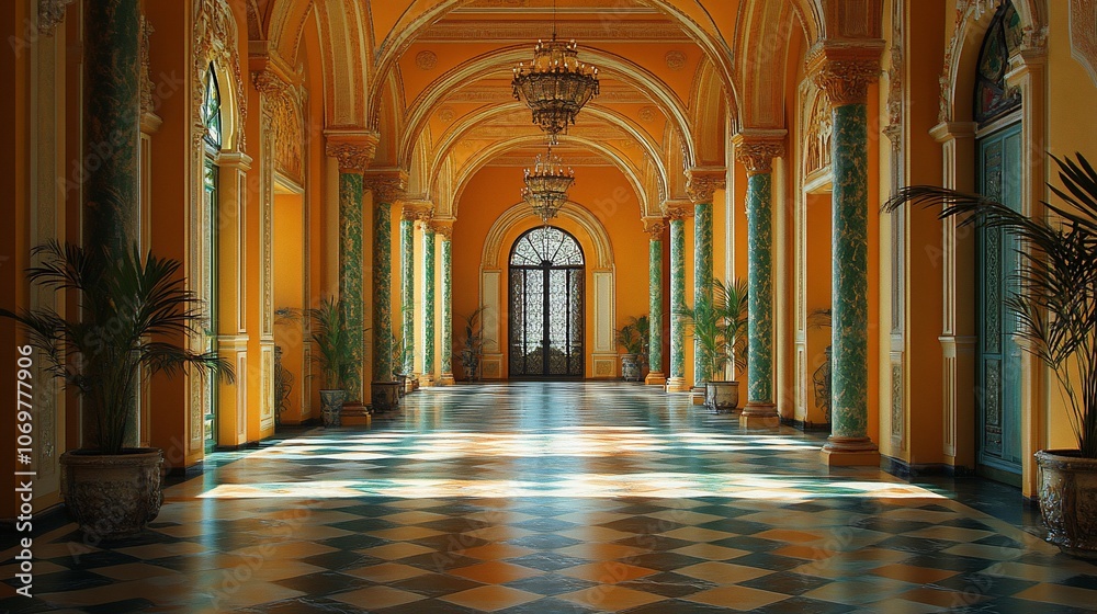 Fototapeta premium Sunbeams illuminate a long, elegant hallway with arched ceilings, a checkered floor, and columns.