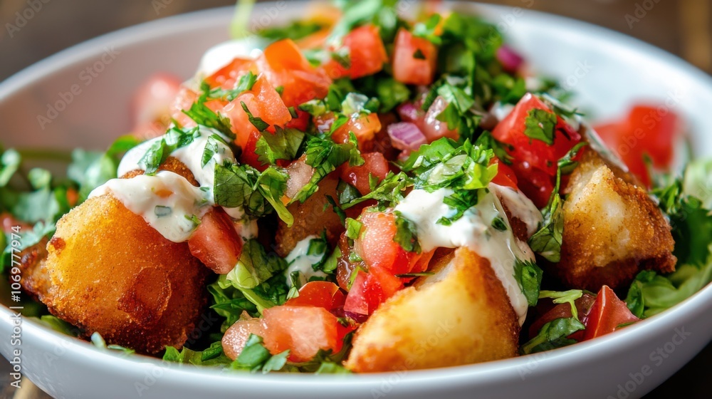 Savor the delight of beer-battered fish tacos topped with fresh vegetables Savor the delight of beer-battered fish tacos topped with fresh vegetables