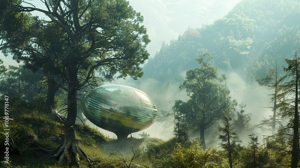 Fototapeta premium Futuristic Glass House in a Misty Forest: A Surreal Landscape